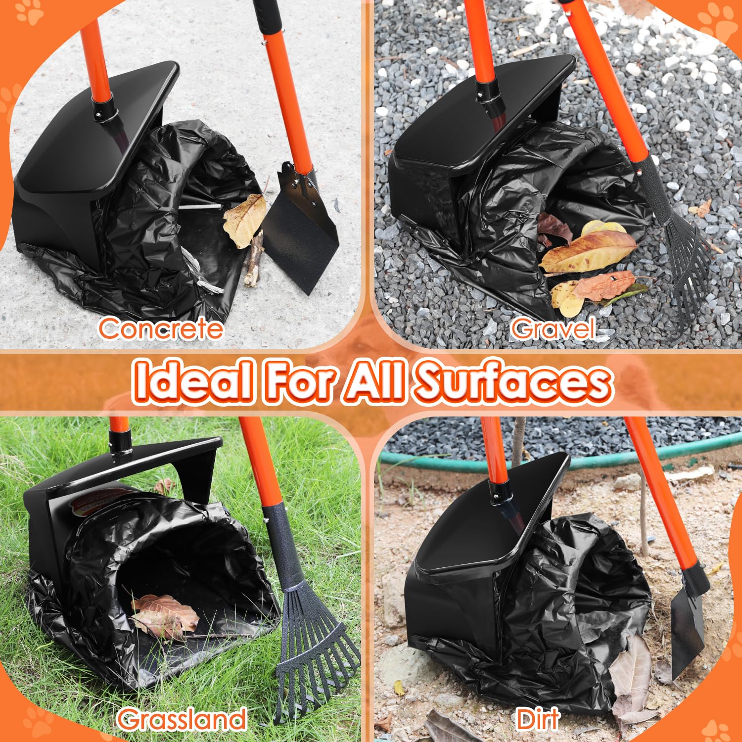 Slowton Dog Pooper Scooper - 37.4'' Long Handle Adjustable Metal Swivel Bin & Rake & Spade Kit With 20 Waste Bags, Portable Poop